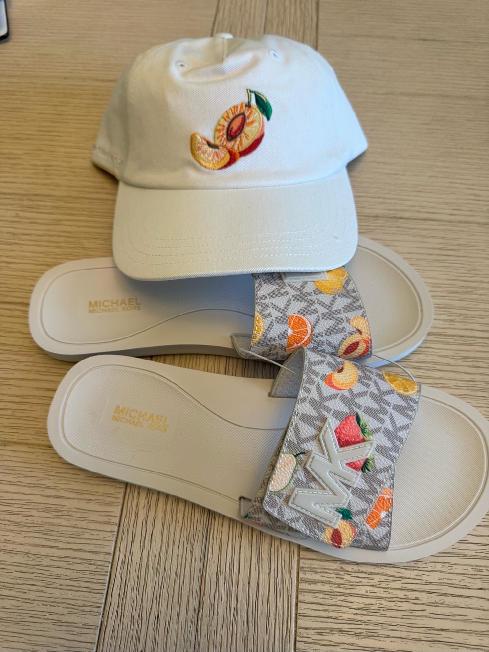Michael Kors Off White Slides size 8 and matching Cap with Peach Embroidery